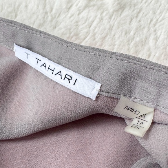 T Tahari | Grey/Pink Watercolor Print Layered Roll-Tab Button Down Blouse - Picture 12 of 16